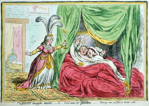 A jersey-i csempész felfedezte, avagy jó okok az elégedetlenségre: Hannah Humphrey által 1796-ban kiadott "A házassági fogadalmak hamisak, mint a Dicers esküje" (kézi színezésű metszet).